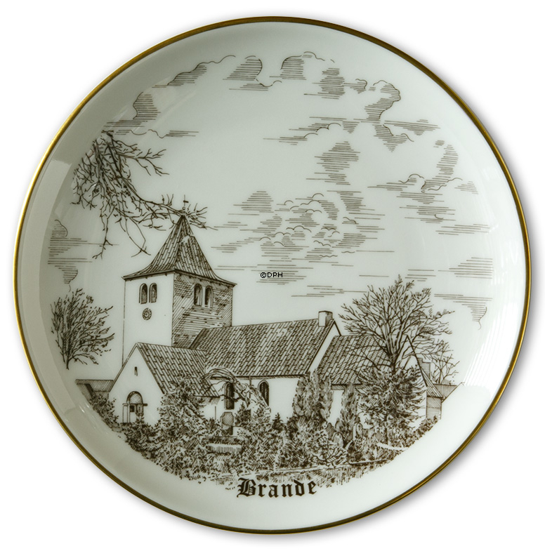 Teller Brande Kirche, Zeichnung in braun, Bing & Gröndahl