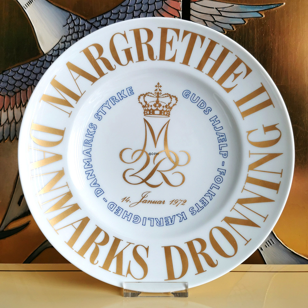Gedenkteller, Margrethe II, 14. Januar 1972, Gottes Hilfe, die Liebe des Volkes, Dänemarks Stärke, Bing & Gröndahl