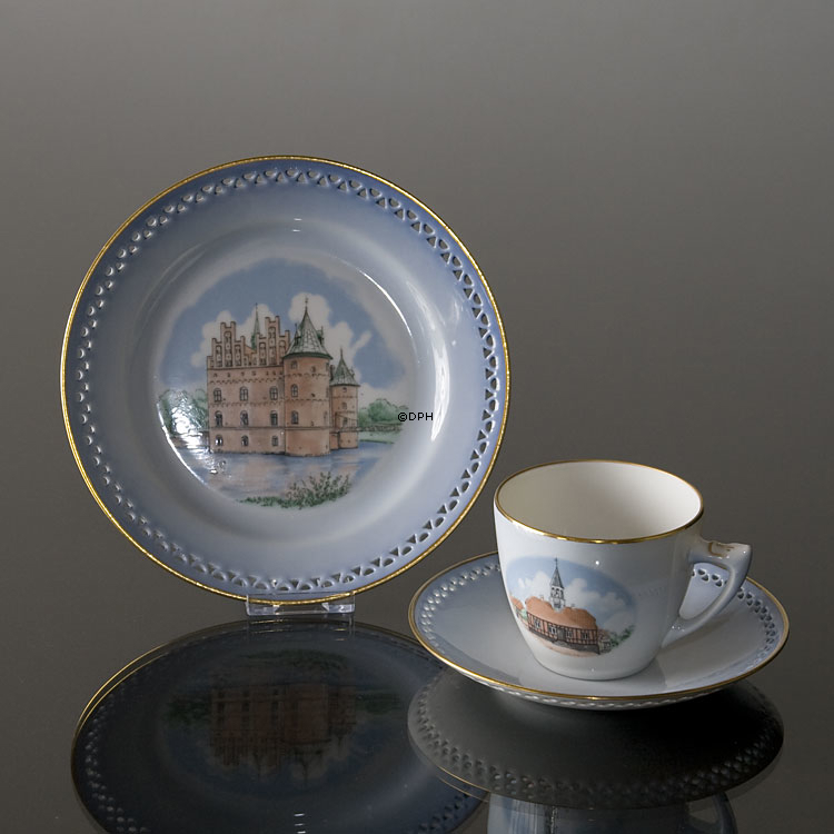 Dänemark Geschirr Tasse (Ebeltoft Rathaus) und Teller (Schloss Egeskov), Bing & Gröndahl
