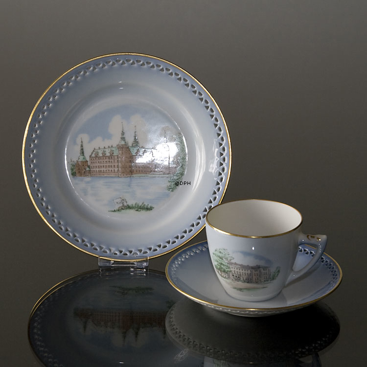 Dänemark Geschirr Tasse (Sorø Academy) und Teller (Schloss Frederiksborg), Bing & Gröndahl
