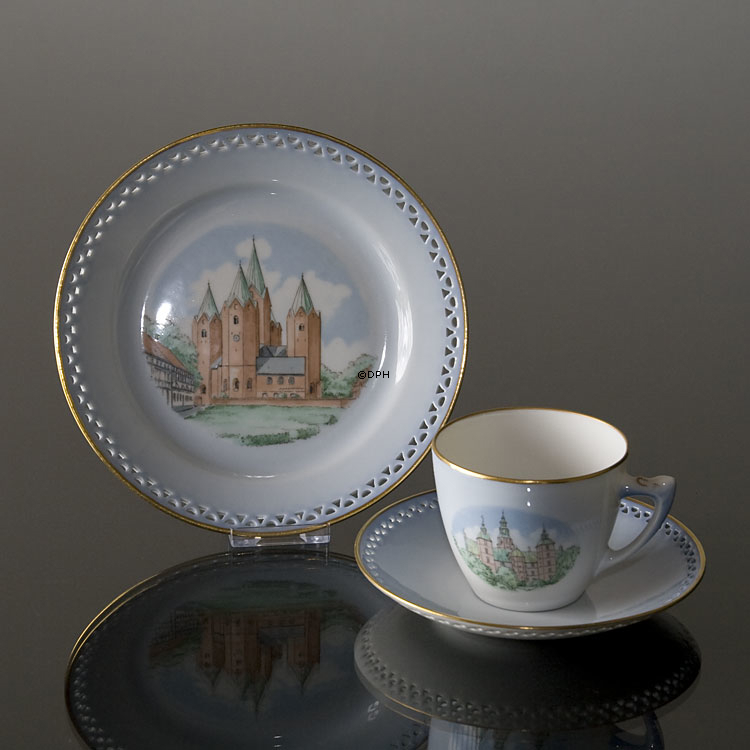 Dänemark Geschirr Tasse (Schloss Rosenborg) und Teller (Dom zu Kalundborg), Bing & Gröndahl