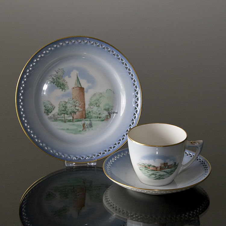 Dänemark Geschirr Tasse (Hammershus) und Teller (Gåsetårnet), Bing & Gröndahl