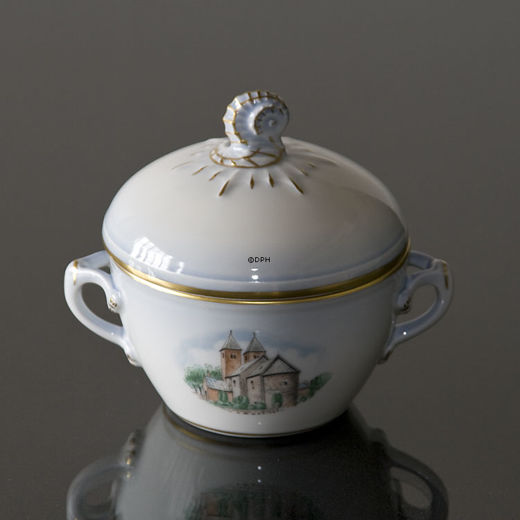 Dänemark Geschirr Zuckerdose, Fjenneslev-Kirche und Gejlå-Brücke, Bing & Gröndahl Nr. 593-3556