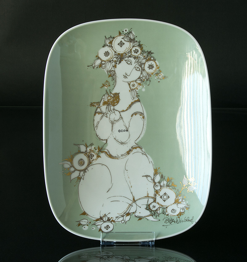 Bjorn Wiinblad Dish, Rosenthal, Dekoriert mit Dame mit Vogel, grün und goldfarben