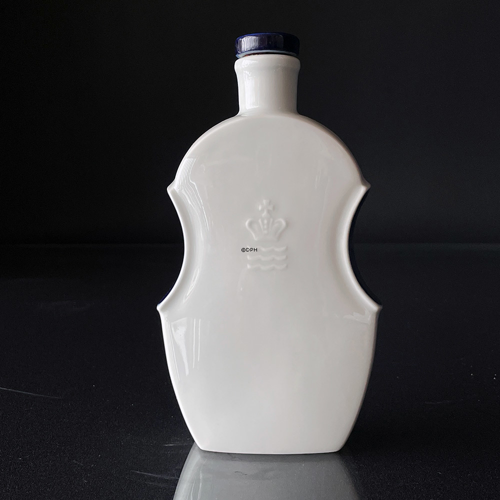 Dram-Flasche / Karaffe mit Stöpsel, weiß mit blau, verziert mit einer Königskrone und Heering-Monogramm, Royal Copenhagen