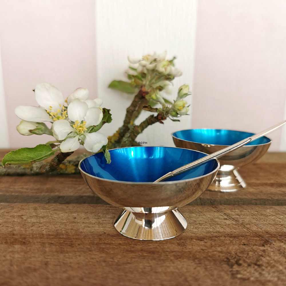 Kronen Dänemark Salzbehälter mit Silberfinish und blauer Emaille, Set von 2 Salzbehältern mit passenden Löffeln"
