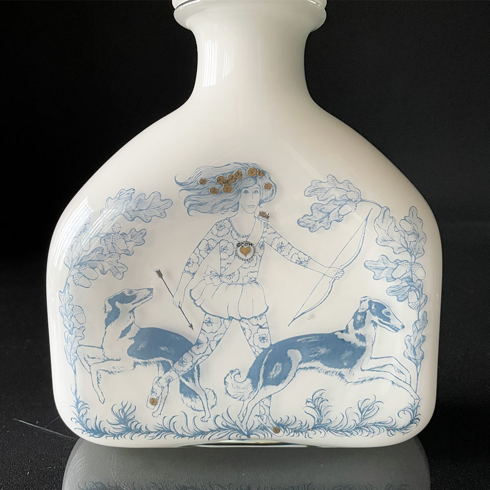 Holmegaard Karaffe, aus der Serie Blue Magic, opalweiß mit blauer Dekoration