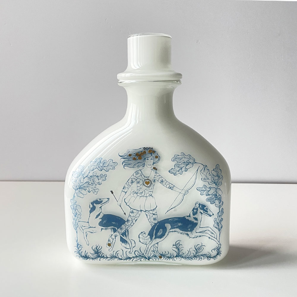 Holmegaard Karaffe, aus der Serie Blue Magic, opalweiß mit blauer Dekoration