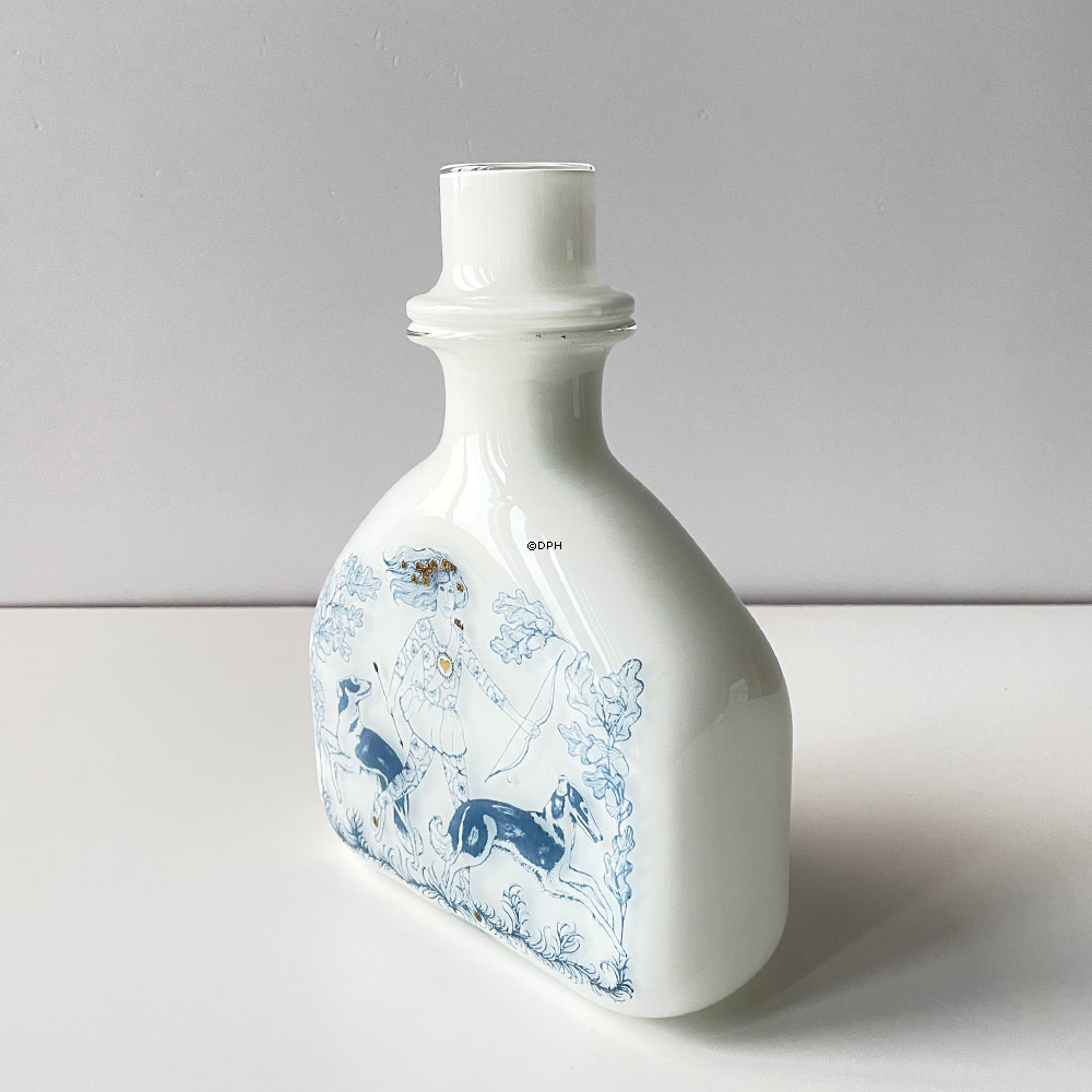 Holmegaard Karaffe, aus der Serie Blue Magic, opalweiß mit blauer Dekoration