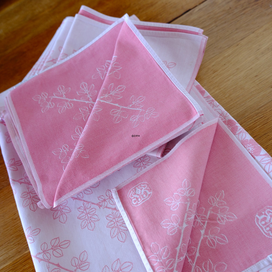 Georg Jensen Damask Tischdecke und 10 Serviette, grau/hellrosa, alt, die Tischdecke misst 130 x 200 cm