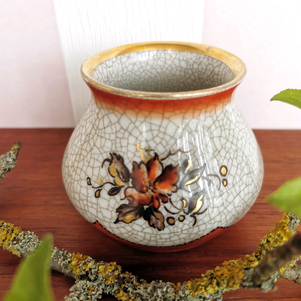 Dahl Jensen Craquele Vase mit Goldrand und Blumen Nr. 167-516
