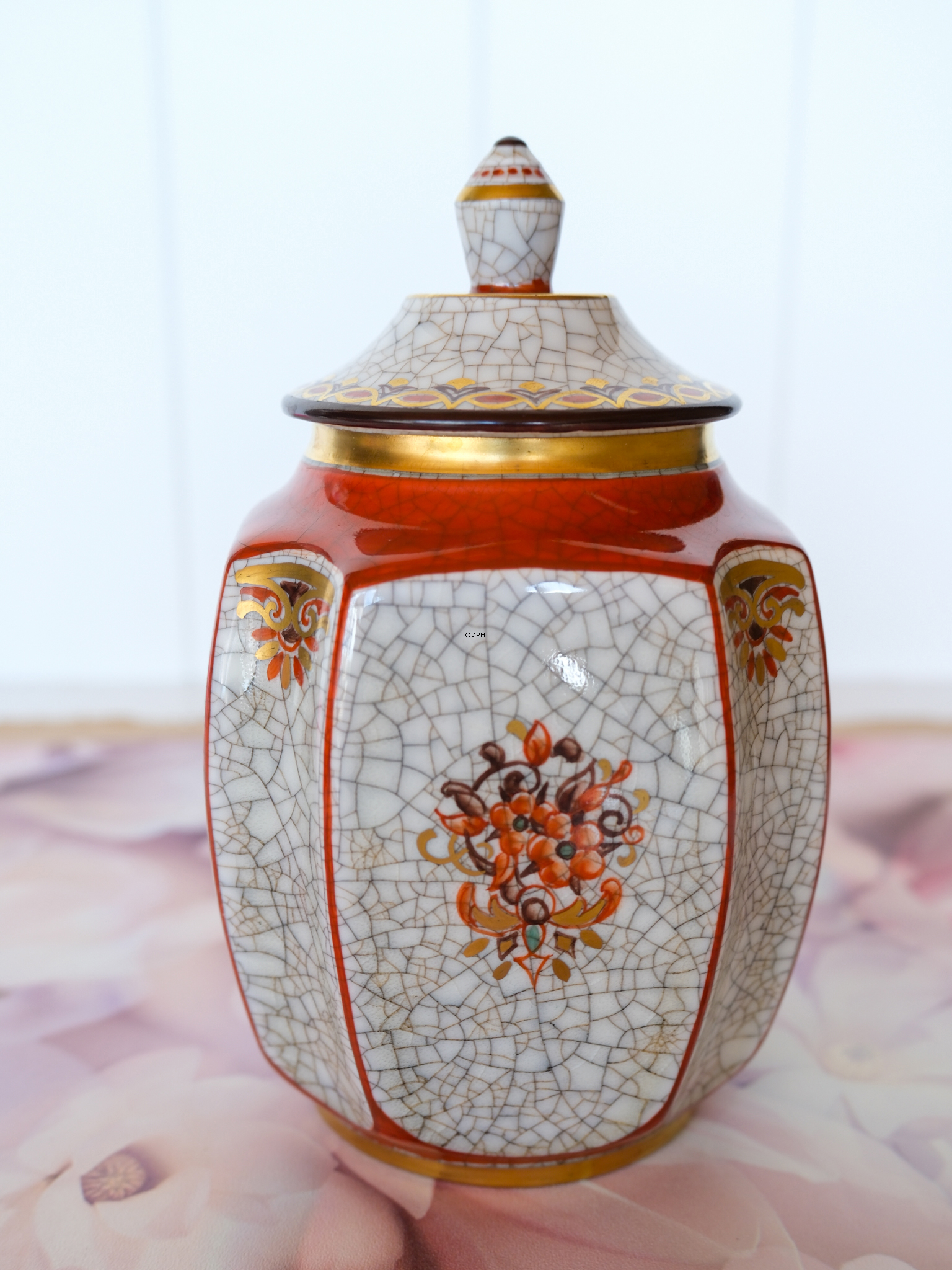 Dahl Jensen Craquele Topf mit Deckel mit orangem Rand und Blume Nr.  196-600-k