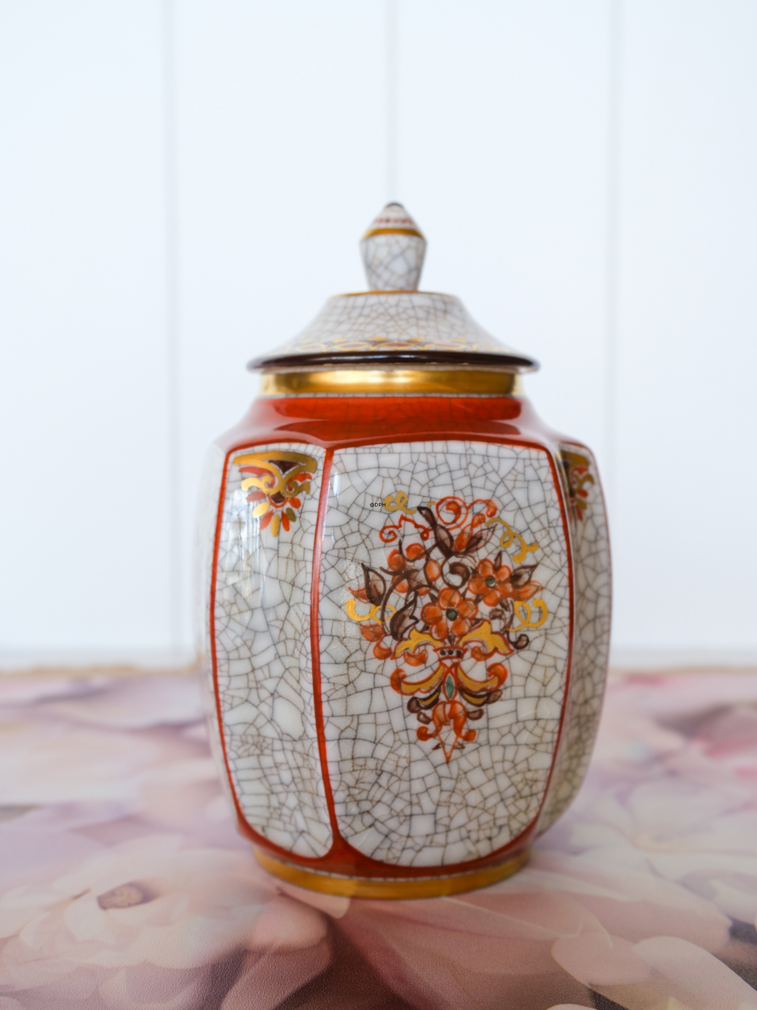 Dahl Jensen Craquele Topf mit Deckel mit orangem Rand und Blume Nr.  196-600-k