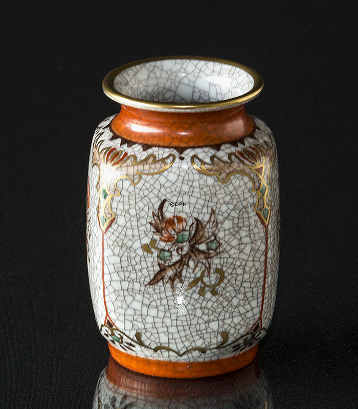 Dahl Jensen Craquele Vase mit orangem Rand und Blume Nr. 207-630