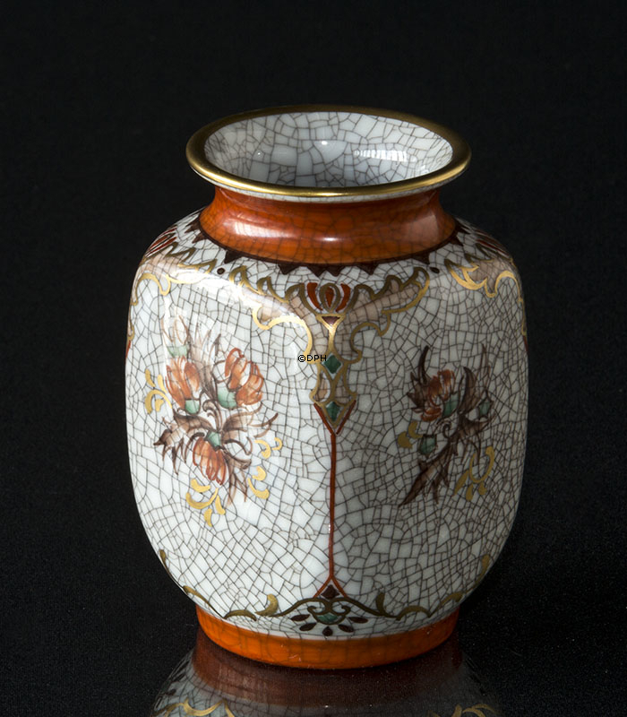 Dahl Jensen Craquele Vase mit orangem Rand und Blume Nr. 207-630