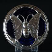Blaue Glasschale mit Silberplatierung mit einer Schmetterlingdekoration