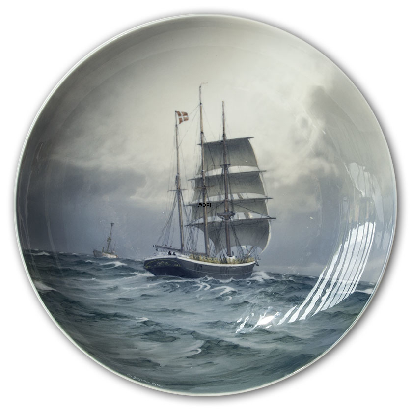 Teller mit Segelschiff, Royal Copenhagen UNICA signiert: Chr. Benjamin Olsen 26.01.1928