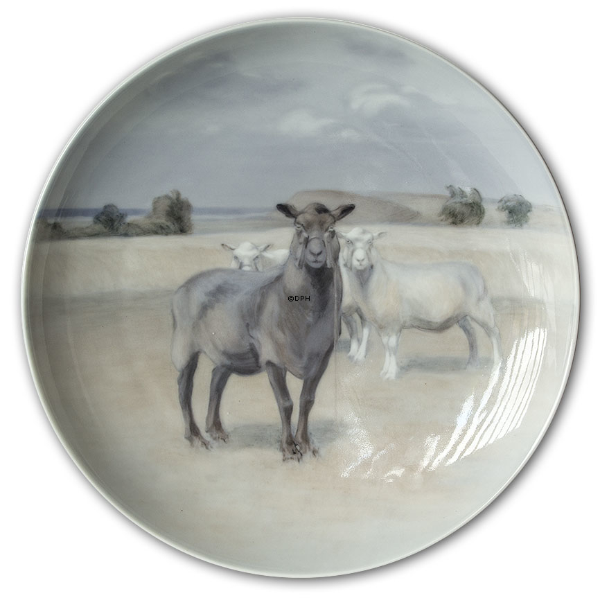 Teller mit Schafen auf Feld, Royal Copenhagen UNICA Signiert: 14/5 GR. 1923 (Gotfred Rode)