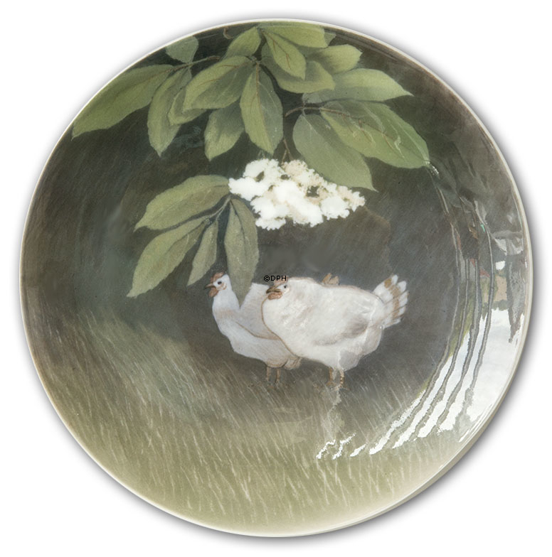 Schüssel / Teller mit Löchern zum Aufhängen, verziert mit Hühnern, Royal Copenhagen Art Noveau (MUSTER)