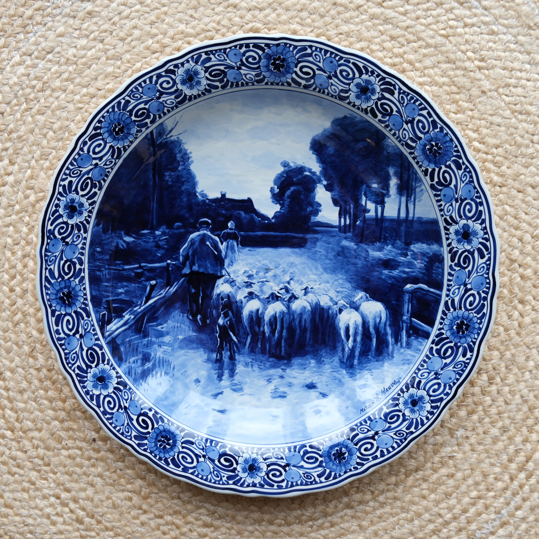 Teller mit Schafen und Hirten, holländischer Delft-Teller