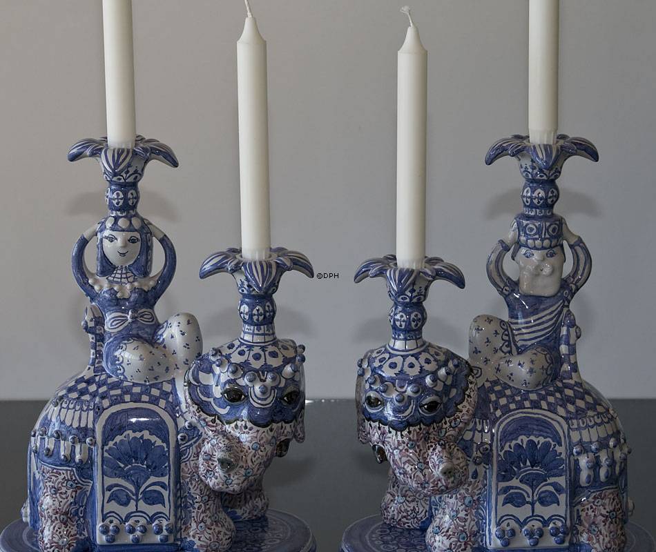 Wiinblad König und Königin von Saba, Elefant, Statue, persönlich signiert von Björn Wiinblad, Pinsel verziert, Unikat, Blau / Weiß