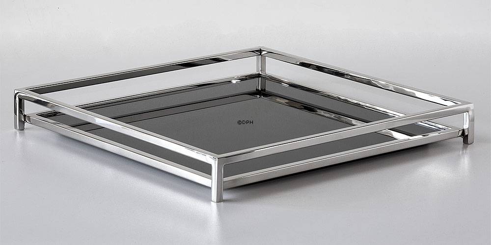 Viereckiges Tablett mit Schwarzem Glas in poliertem Stahl