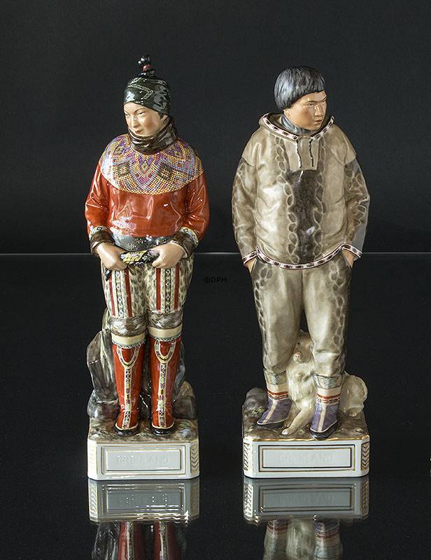 Grönländisches Paar, Frau und Mann, Royal Copenhagen Überglasurfigur Nr. 12224 und 12225