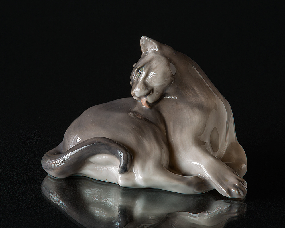 Katze liegt und reinigt sich selbst, Royal Copenhagen Figur Nr. 1759-2512
