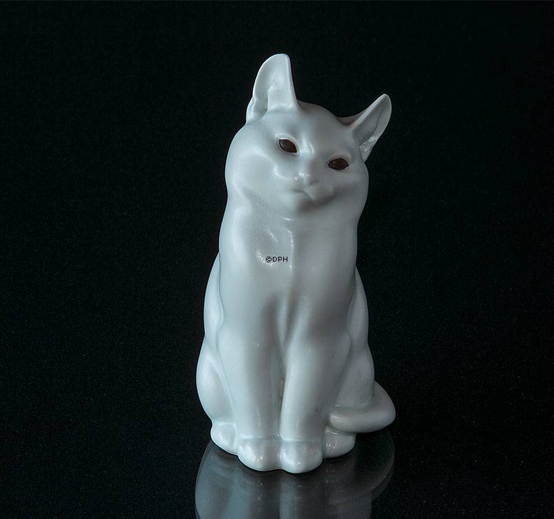 Katze Steinzeug Weiß mit Braunen Augen, Royal Copenhagen Figur Nr. 1803