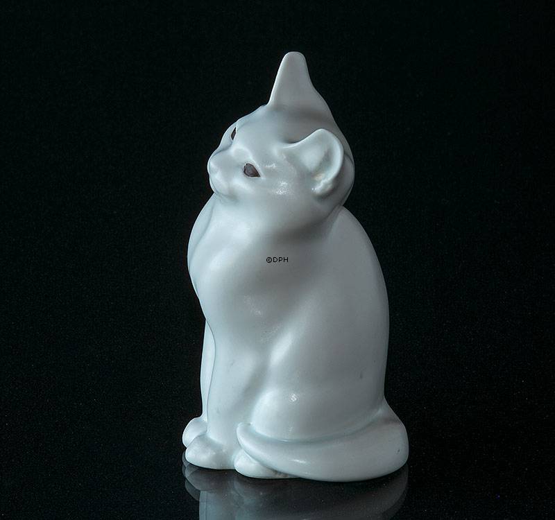 Katze Steinzeug Weiß mit Braunen Augen, Royal Copenhagen Figur Nr. 1803