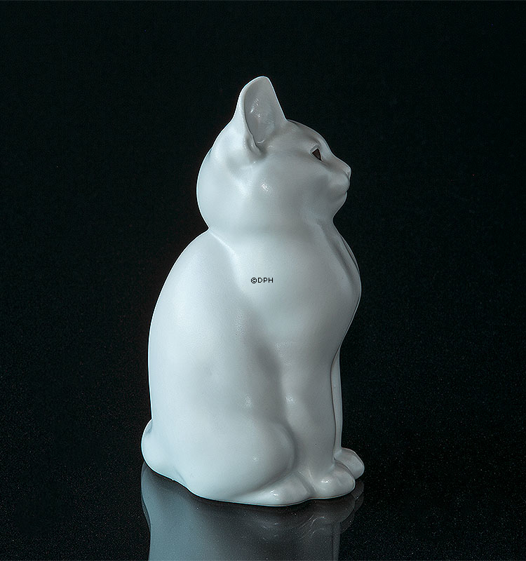 Katze Steinzeug Weiß mit Braunen Augen, Royal Copenhagen Figur Nr. 1803