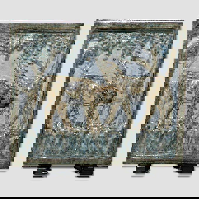 Relief mit zwei Kälbern, Royal Copenhagen Steinzeug Nr. 21078