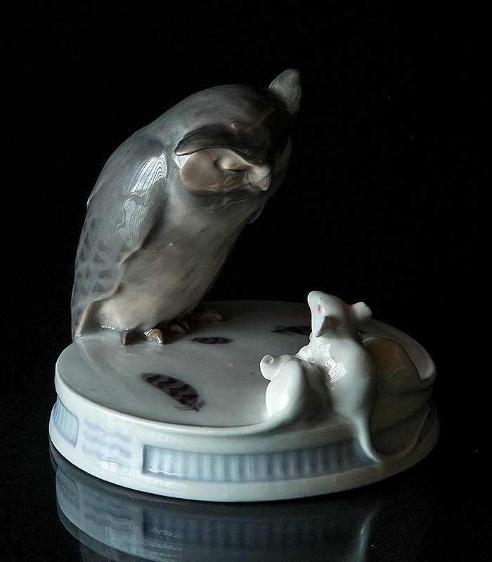 Plateau mit Eule und drei weißen Mäusen, Royal Copenhagen Figur Nr. 450