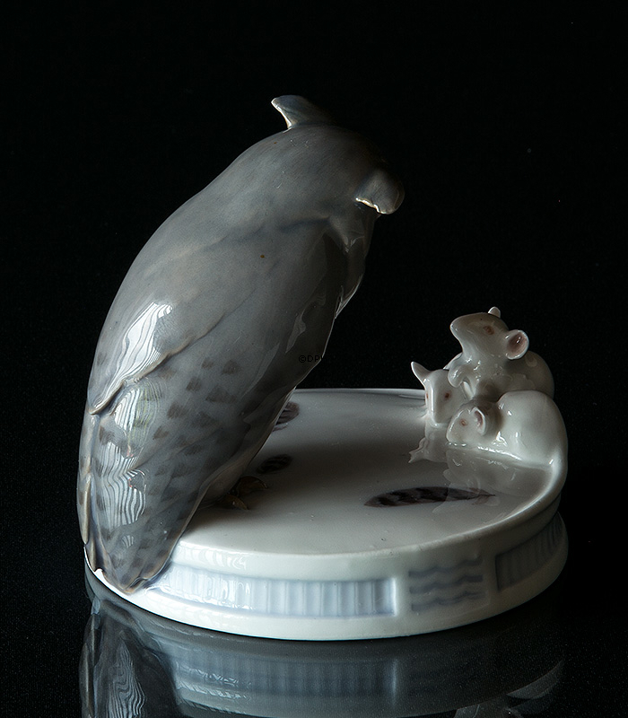 Plateau mit Eule und drei weißen Mäusen, Royal Copenhagen Figur Nr. 450