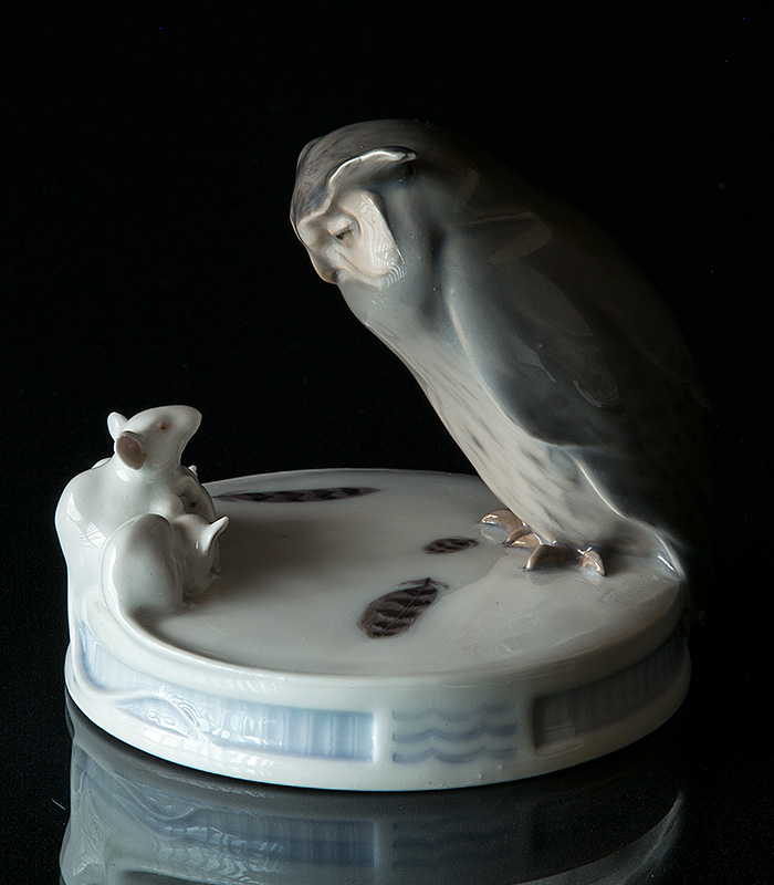 Plateau mit Eule und drei weißen Mäusen, Royal Copenhagen Figur Nr. 450