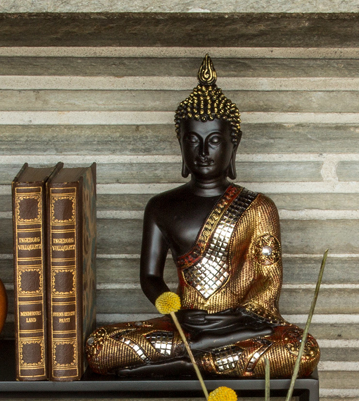 Buddha sitzend Meditation Dhyana Mudra, Schwarz und Goldfarbe Polyresin