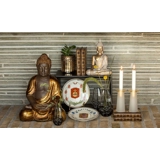 Buddha sitzend Meditation Dhyana Mudra, Braun und Goldfarbe Polyresin