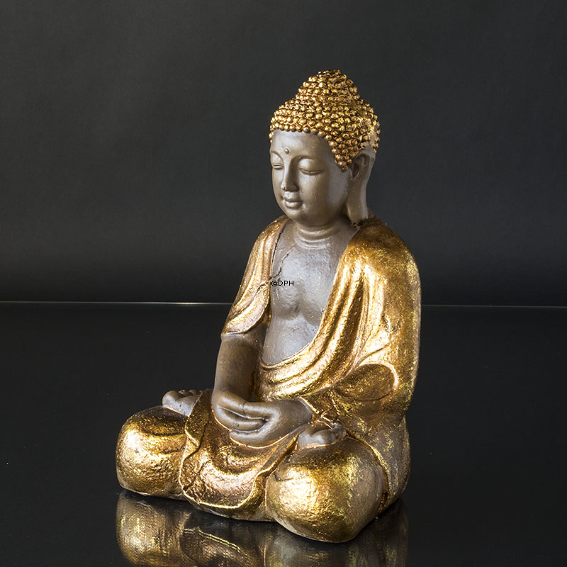 Buddha sitzend Meditation Dhyana Mudra, Braun und Goldfarbe Polyresin