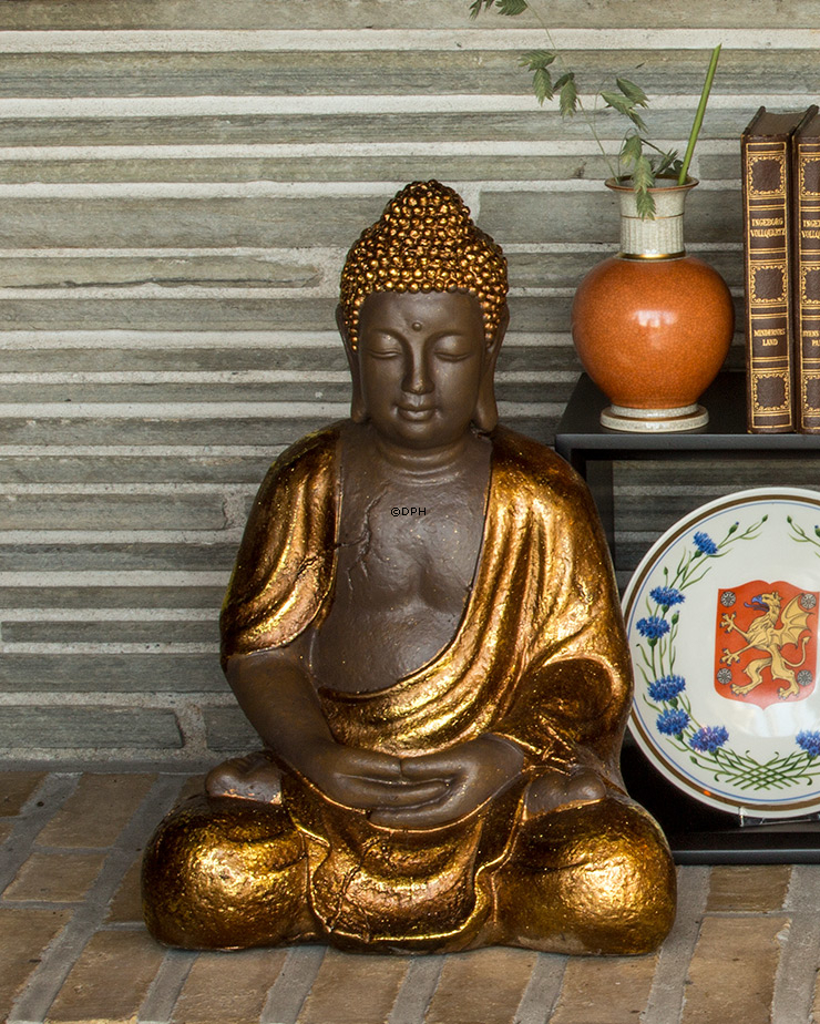 Buddha sitzend Meditation Dhyana Mudra, Braun und Goldfarbe Polyresin