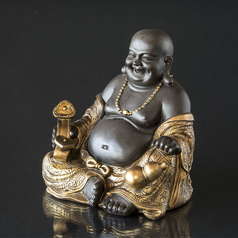 Glückbuddha / Budai sitzend, Braun und Gold Polyresin