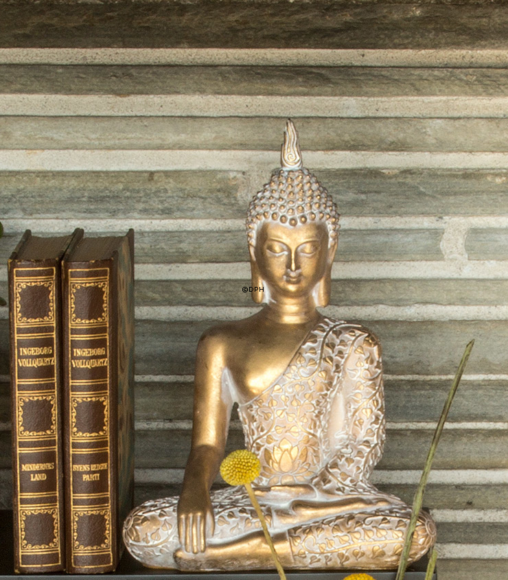 Buddha sitzend Bhumisparsa Mudra, Goldfarbe Polyresin