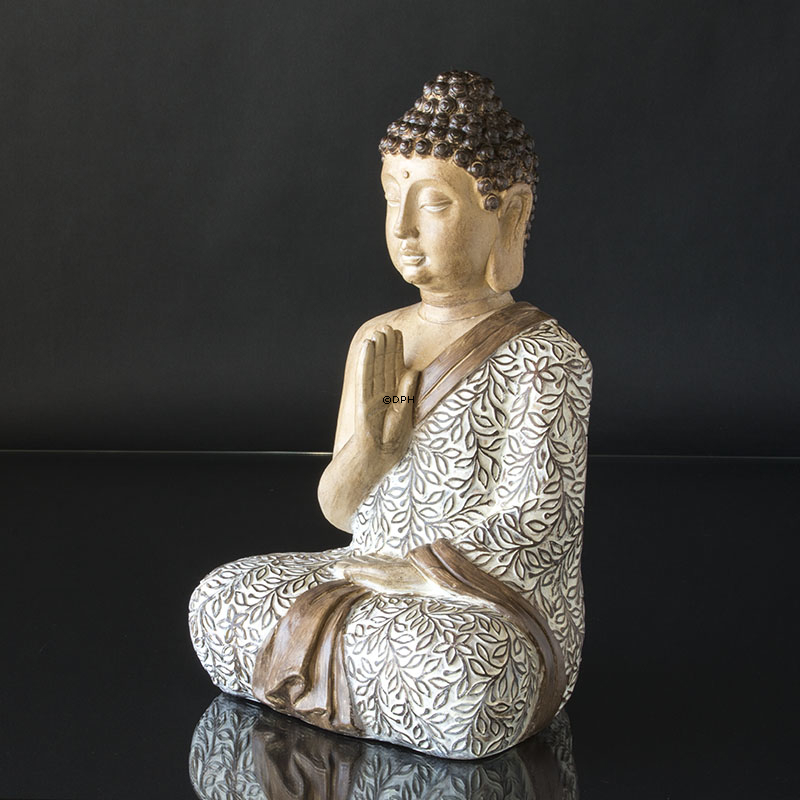 Buddha sitzend Schutz Abhaya Mudra, Beige Polyresin