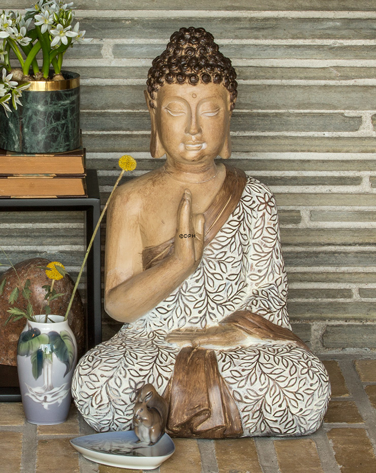 Buddha sitzend Schutz Abhaya Mudra, Beige Polyresin