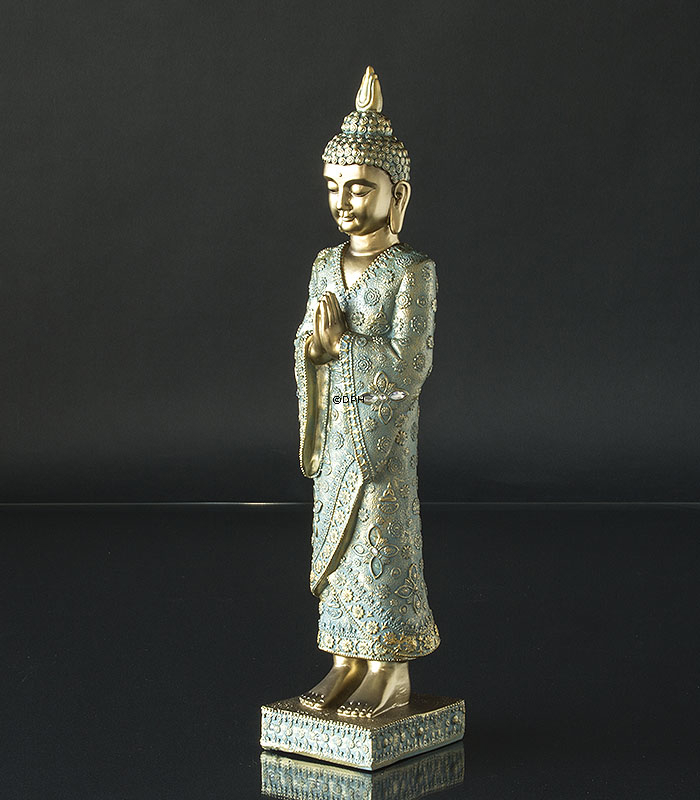 Buddha stehend betend, Golden und Grün Polyresin