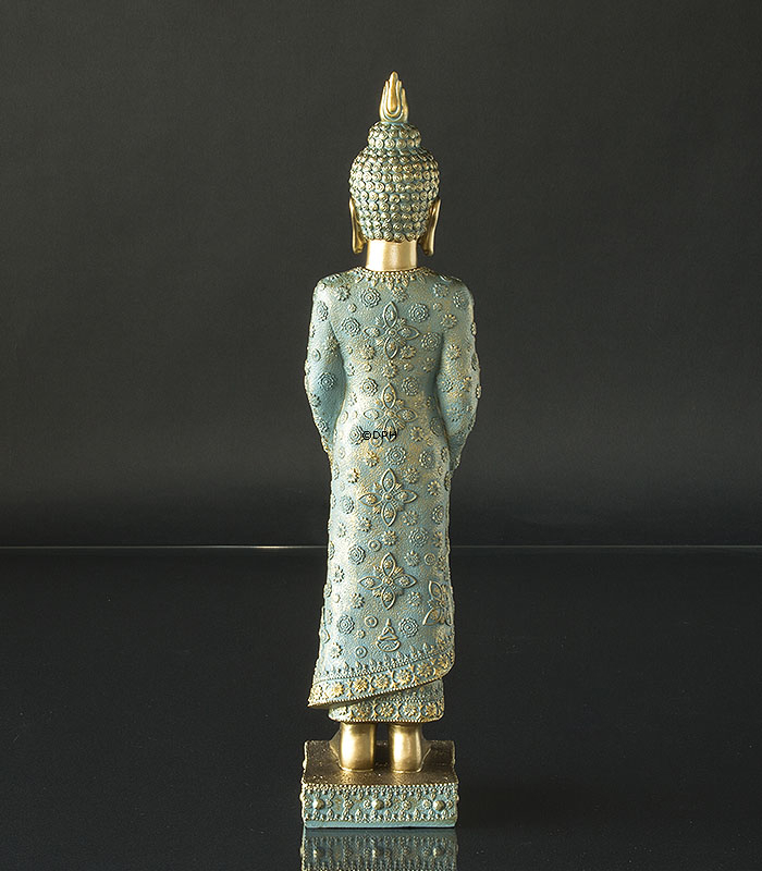 Buddha stehend betend, Golden und Grün Polyresin
