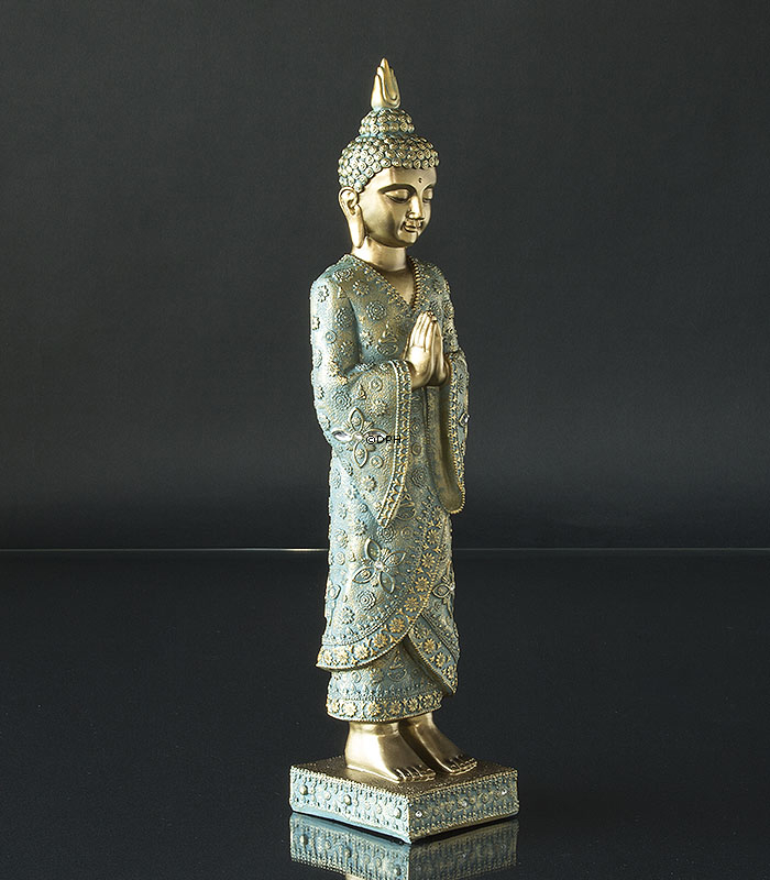 Buddha stehend betend, Golden und Grün Polyresin
