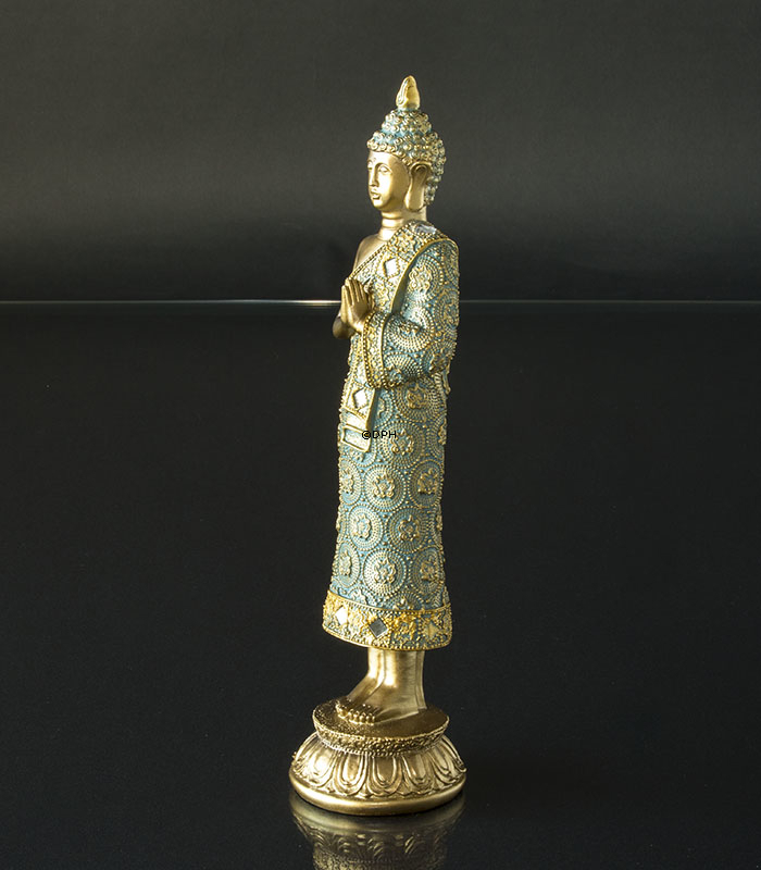 Buddha stehend betend auf Lotus, Golden und Grün Polyresin