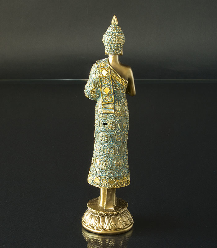 Buddha stehend betend auf Lotus, Golden und Grün Polyresin