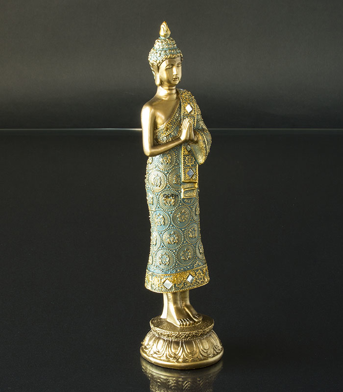 Buddha stehend betend auf Lotus, Golden und Grün Polyresin