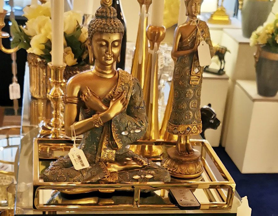 Buddha stehend betend auf Lotus, Golden und Grün Polyresin